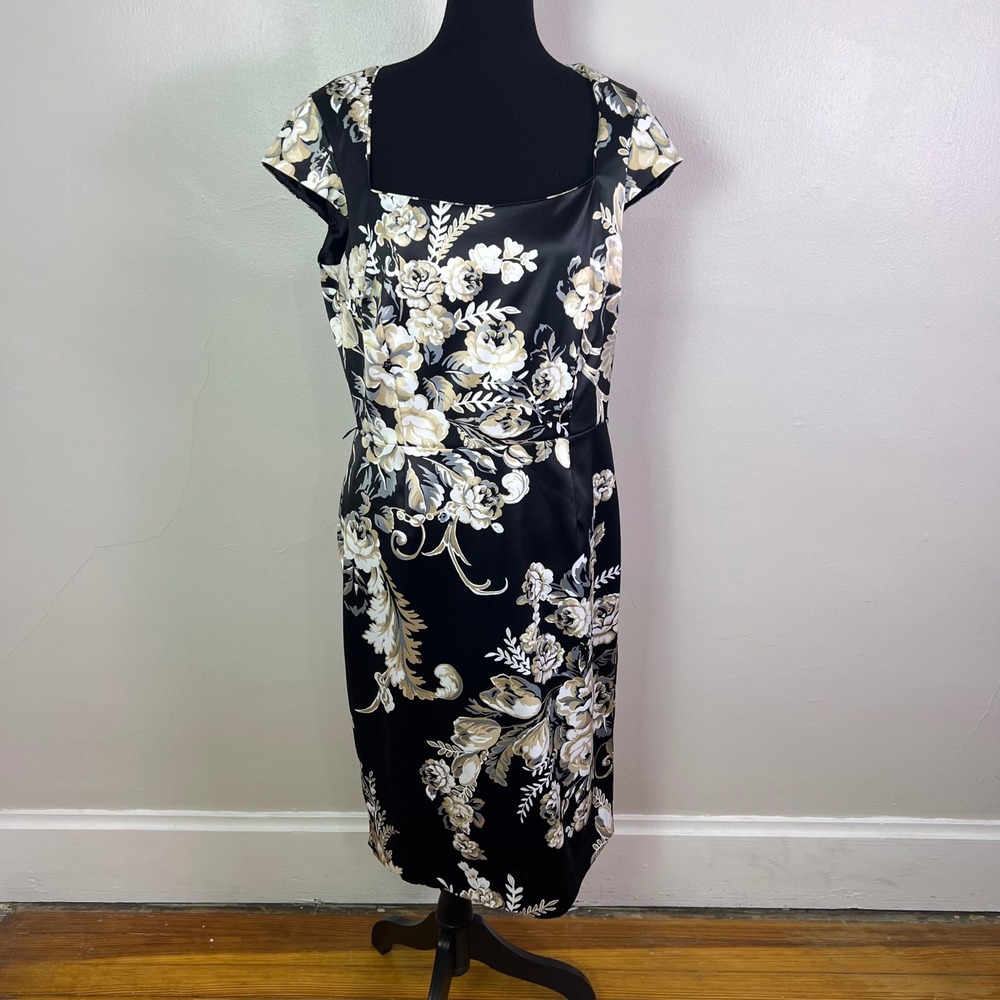 White House Black Market Floral Sheath Dress 12 Black Satin Cocktail Elegant